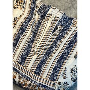 Lucky Brand Floral‎ Stripe Peasant Top Blue Gold Boho Babydoll Blouse Medium
